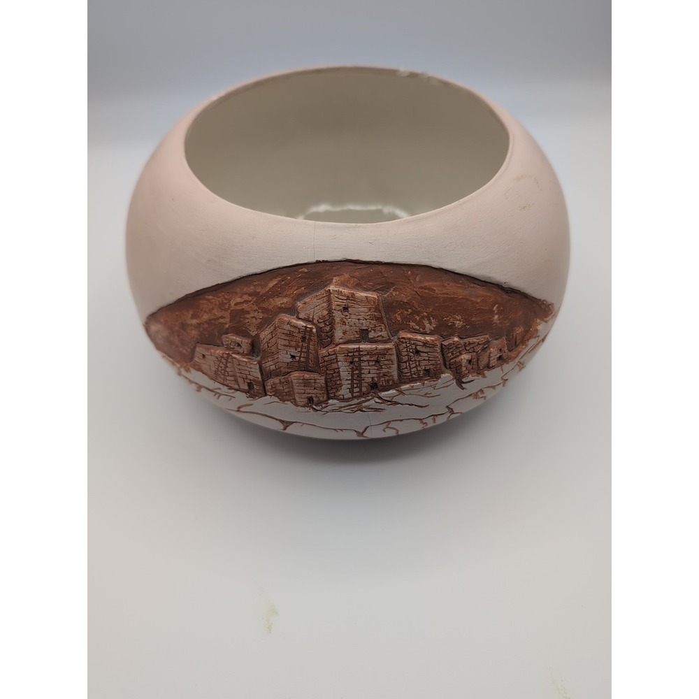 Signed Southwestern Pueblo Pottery Bowl Hand Painted Desert Village‎ Ceramic Art